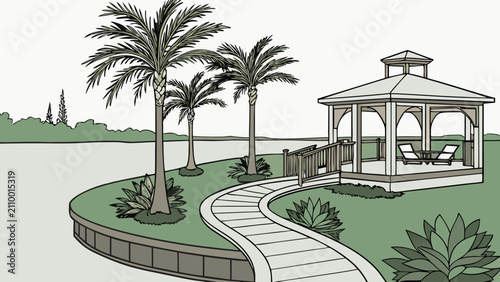Cuadro en lienzo Tropical waterfront gazebo with palm trees and paved path waterfront tropical