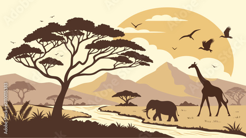 Photography African savannah landscape with giraffe and elephant silhouette at sunset