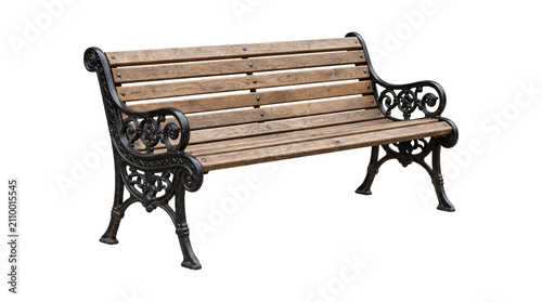 Fotografie Classic wooden park bench with decorative black cast iron legs isolated on transparent background png