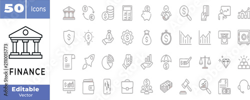 Finance and Banking Outline Icons Set - Editable Vector for Business and Investment Concepts