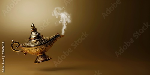 Ornate golden aladdin lamp with rising smoke on a dark gold background