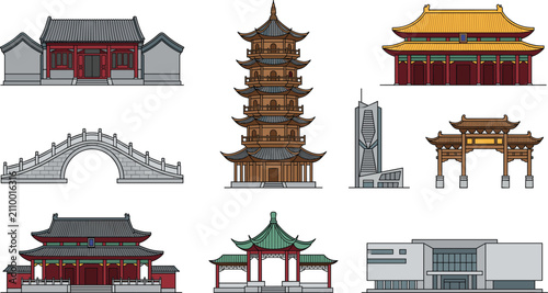 Konstfotografi Traditional and Modern Chinese Architecture Vector Set Featuring Ancient Pagoda