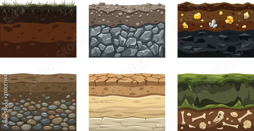 Obraz na plátně Cartoon Soil and Ground Layers Vector Set Featuring Cross Section Textures of Gr