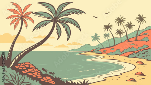 Obraz na płótnie Tropical beach island shoreline illustration with tropical paradise vacation