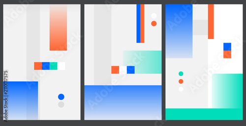 Abstract geometric composition with colorful shapes and gradients in a triptych layout