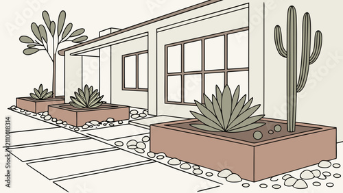 Obraz na płótnie Modern desert home exterior with succulents and cactus landscape, exterior