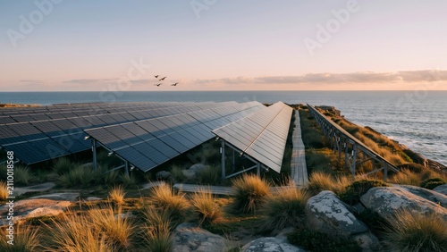 Wide angle view of solar panels installed on a coastal cliff overlooking the ocean at sunset, birds flying above the water, remote off grid renewable energy system in a natural landscape