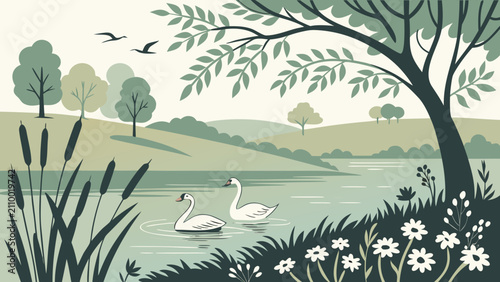 Bild auf Leinwand Swans swimming in a peaceful lake landscape with landscape peaceful wildlife