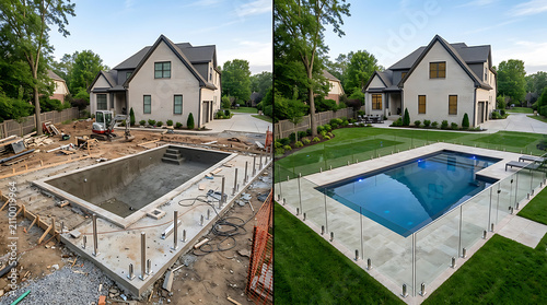Transformation of a residential backyard from construction site to modern swimming pool oasis with lush landscaping and a sleek