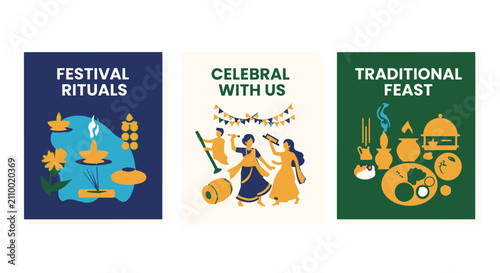 Colorful flat vector illustration set featuring traditional festival rituals, celebratory gatherings with dancing figures, and a lavish traditional feast with decorative food
