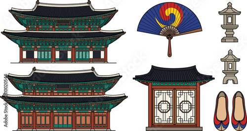 Traditional South Korean Culture and Architecture Vector Icon Set Featuring Hanok Palace Buildings Folding Fan Stone Lanterns and Hanbok Shoes
