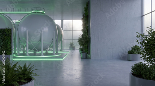 Modern hydrogen storage tanks with greenery, green hydrogen energy concept