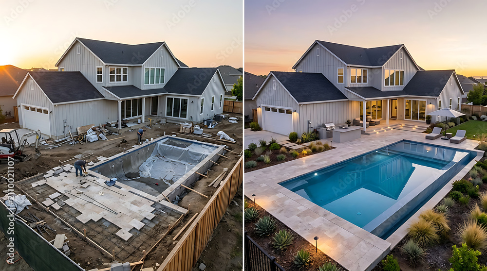 Fototapeta premium Progression of a modern backyard transformation highlighting construction to finished outdoor pool area in a family home setting