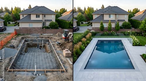 Transformation of backyard from construction site to modern swimming pool with sleek design and lush landscaping
