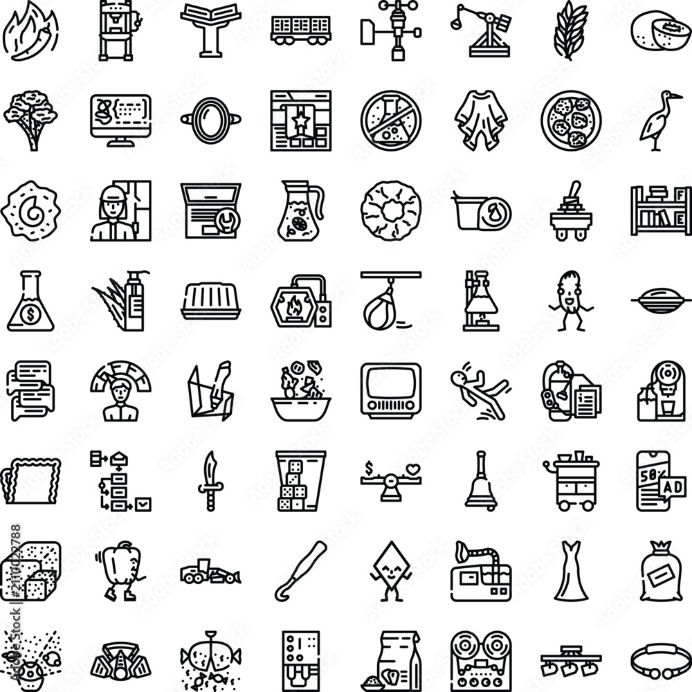 Fototapeta premium Set of diverse outline icons depicting various objects, symbols, and concepts related to everyday life, business, technology, and hobbies, presented in a clean line art style