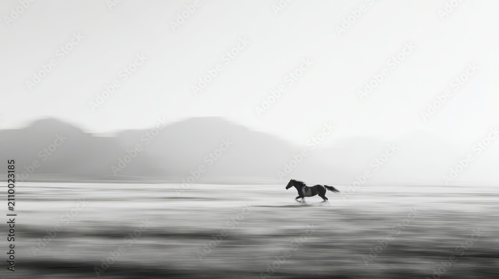 Fototapeta premium A solitary horse, in motion across a vast, misty plain, against a hazy mountain range, evokes a sense of serene freedom.