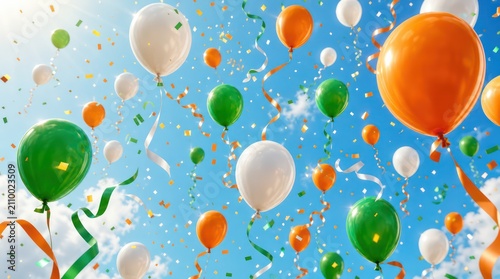 Colorful balloons celebration, orange green and white helium party balloons. Festive decoration, joyful event mood isolated PNG with Transparent Background