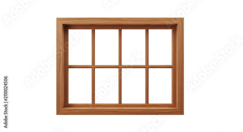 Classic Wooden Window Frame with Eight Rectangular Panes Isolated on White Background