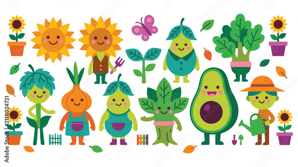 Naklejka premium Kawaii vegetable characters in garden setting, happy plants and fruits, vibrant colors.
