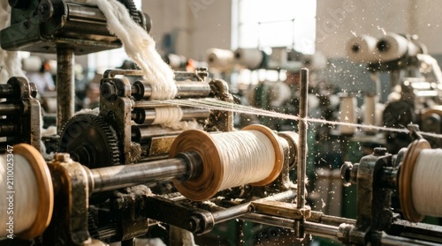 A textile loom spins white yarn on metal rollers in a factory.