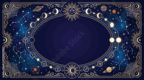 Flat vector premium celestial background, elegant constellation maps, zodiac symbols, moon phases, radiant sun motifs, sparkling stars and abstract geometric cosmic ornaments framing a large empty cen