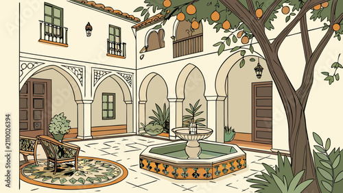 Obraz na płótnie Traditional spanish style courtyard garden featuring a stone fountain, courtyard