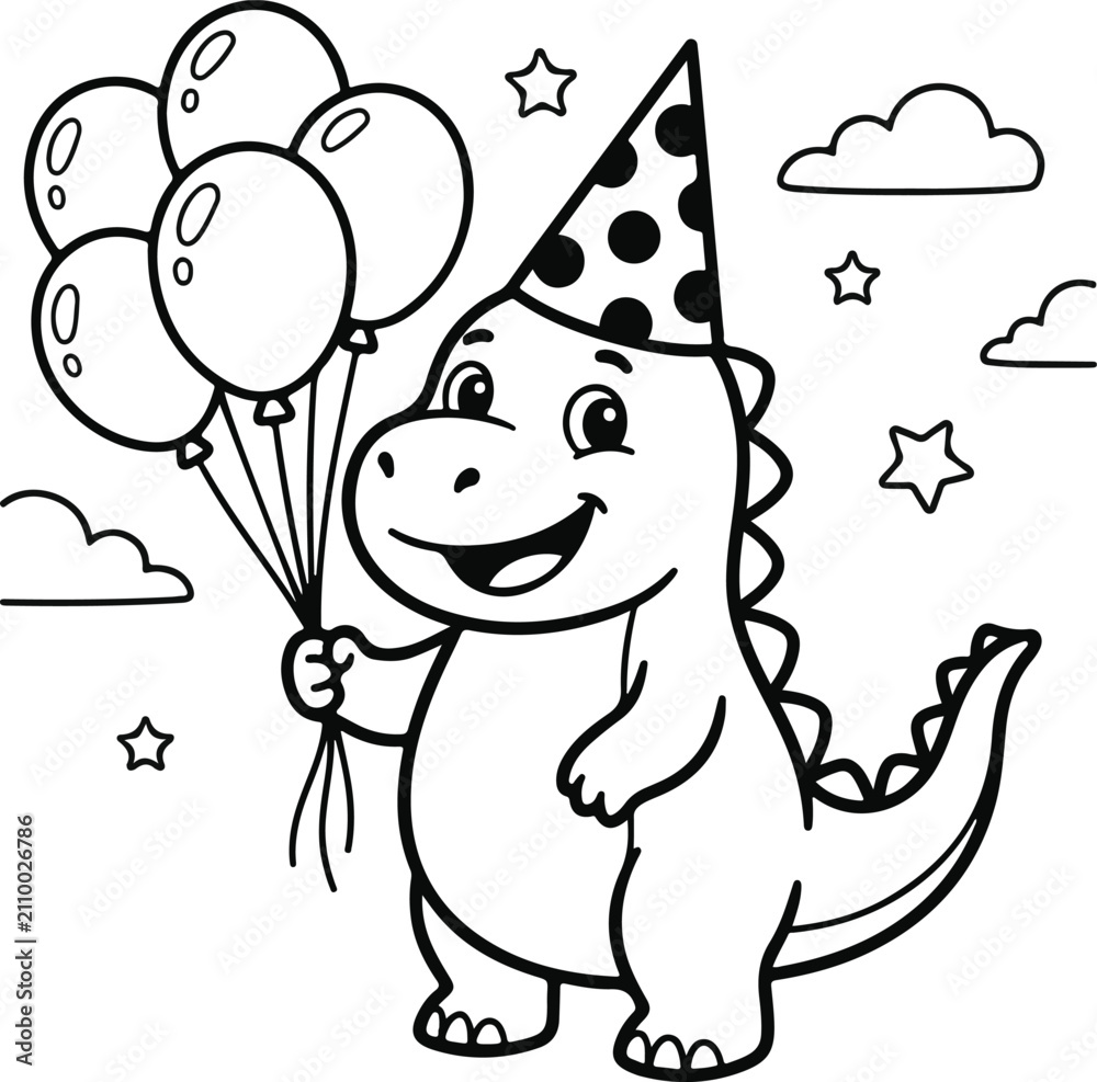 Fototapeta premium Cute cartoon dinosaur holding balloons coloring book design