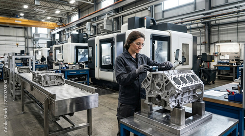 Female engineer inspecting engine block in modern manufacturing plant