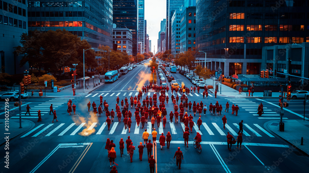 Obraz premium Busy Urban Crosswalk with AI Powered Crowd Analytics and Smart City Technology