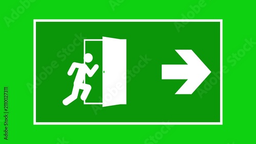 Animated emergency exit sign with stickman running through door icon on green screen and black background for safety and evacuation video project.