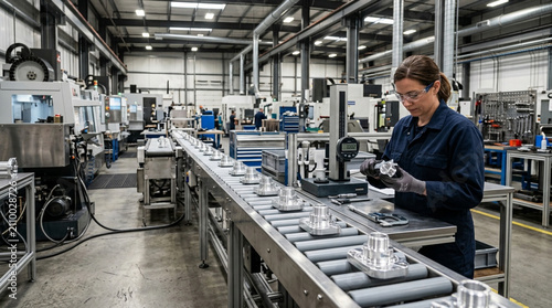 Female machinist inspects metal parts on a conveyor belt in a modern factory.