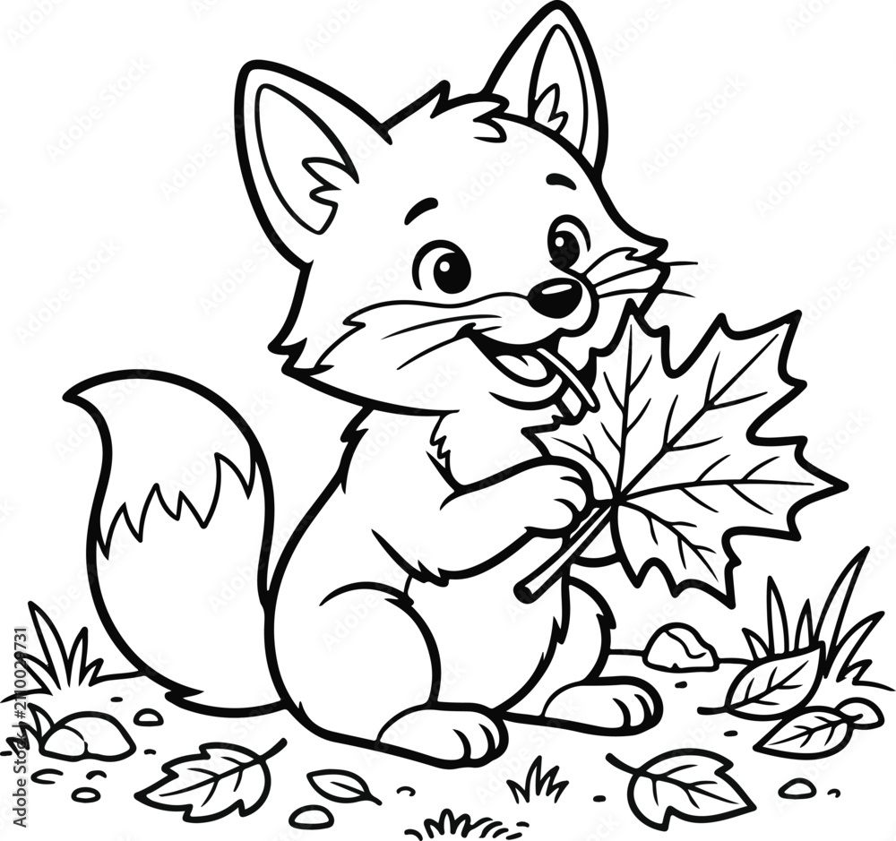 Obraz premium Adorable fox playing with a maple leaf coloring book design