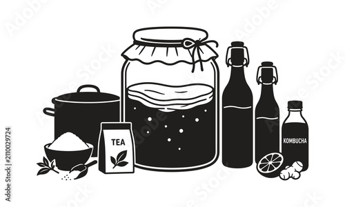 Fermented Kombucha Home Brewing Setup Minimalist Black Silhouette Vector Illustration