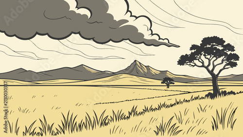 African savannah landscape with acacia tree and stormy clouds, savannah