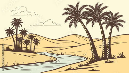 Obraz na płótnie Desert oasis landscape with palm trees and a winding river landscape tropical