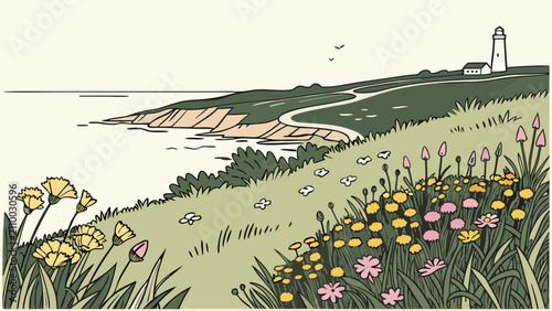 Bild auf Leinwand Coastal lighthouse landscape with wildflowers and ocean view, lighthouse