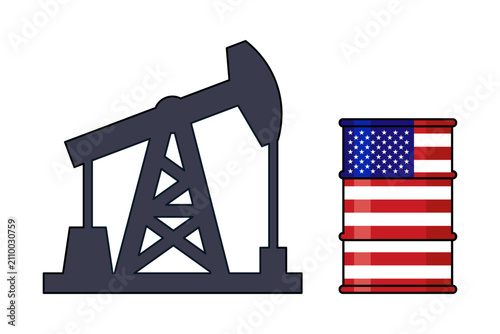 Фотография USA oil pump jack and barrel with American flag vector illustration, petroleum i