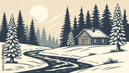 Schilderij op canvas Winter forest landscape with log cabin and snow landscape woodland seasonal