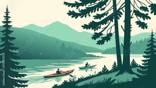 Obraz na plátně People kayaking on a calm river surrounded by pine trees and mountains