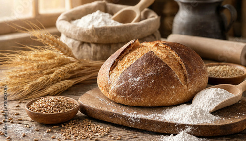 Принти на полотні Freshly baked round sourdough bread loaf on a wooden cutting board with wheat st