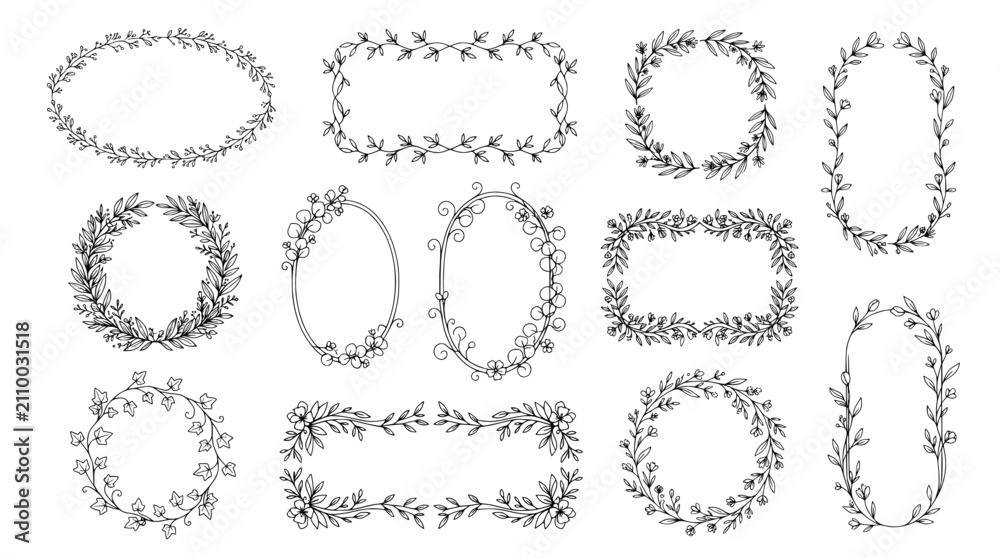 Fototapeta premium Hand drawn botanical wreath and floral frame set featuring various foliage shapes and delicate leaf patterns for elegant branding.