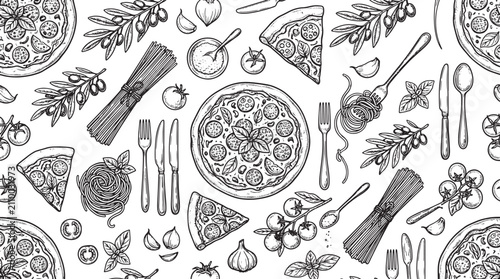 Hand drawn italian food pattern with pizza pasta olives and tomatoes in a vintage sketch style for menu design