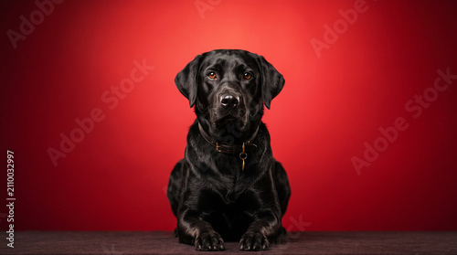 Black Labrador Portrait on Red Studio Background