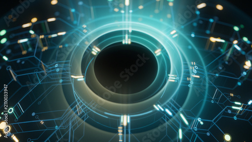 Top View of High Tech AI Core with Concentric Glowing Rings and Microchip Details. Abstract 3D Illustration of Futuristic Neural Network, Logic Gates, and Quantum Computing Processor