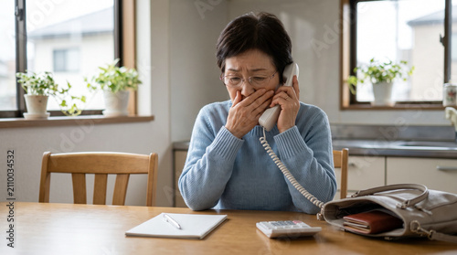 Anxious senior woman talking on phone in kitchen, scam concept