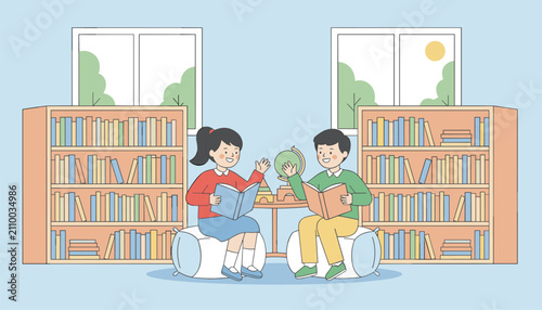 Young boy and girl reading books while seated on cushions in front of wooden bookshelves.
