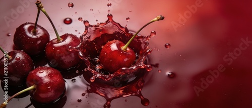 Bursting cherries in vibrant splash against dark red gradient background