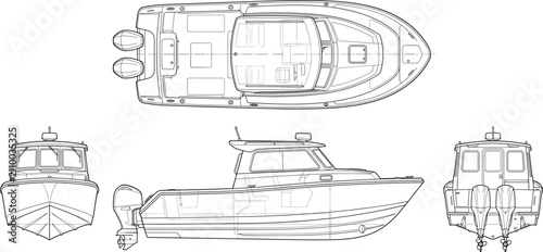 Tableau sur toile Technical Blueprint of Modern Cabin Motor Boat with Top Side Front and Rear Orth