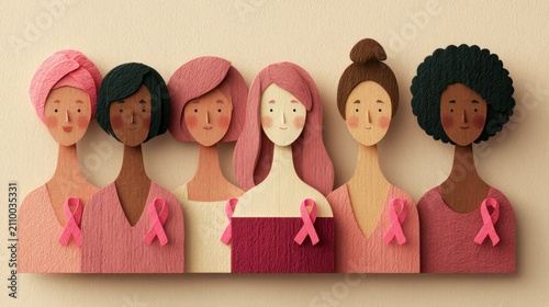 Diverse paper craft women united for breast cancer awareness and pink ribbon support