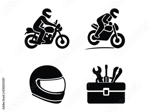 Motorcycle riding and repair vector icon set featuring biker riding motorbike helmet and mechanical toolbox for transport service concept